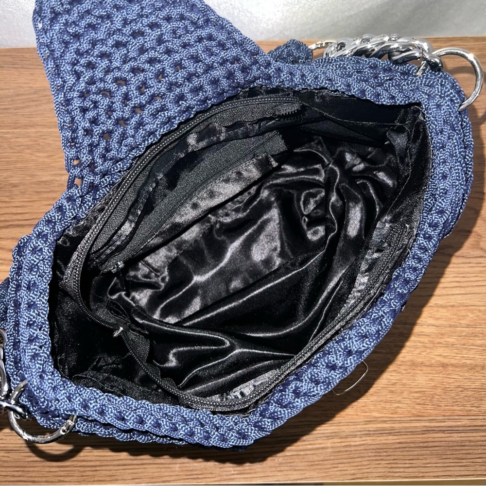 Navy Blue Crochet Oreo Shoulder Bag with Chain Detail - Picture 8 of 8